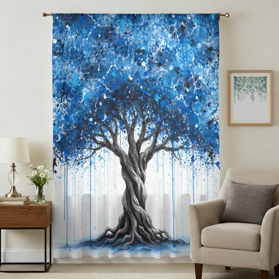 Blue Trees Sheer Curtains 45 Inches Long for Bedroom, Boho Nature Branch Leaf Plants Landscape Light Filtering Privacy Drapes, Breathable Semi Sheer Short Window Treatment for Kitchen Cafe Bathroom