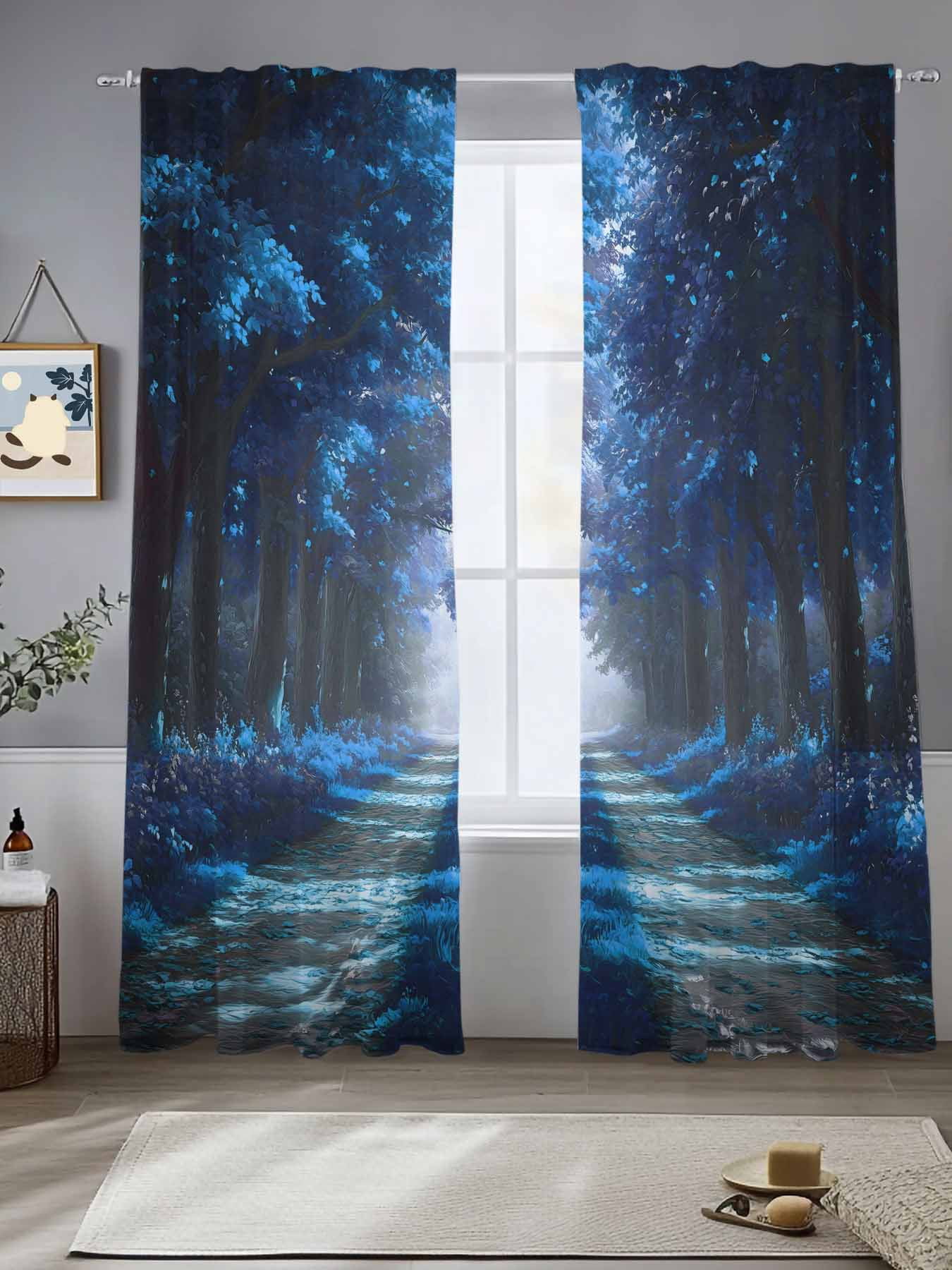 Blue Trees Sheer Curtains for Living Room Bedroom Forest Art Decor