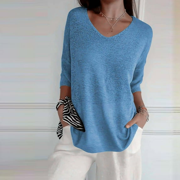 Blue Trendy Tops for Women 2024, Cotton Fashion Womens Clothing 2024, 3/4 Sleeve Spring Tops for Women 2024, Womens Fitted T Shirts, Solid Color Weekend Solid Color Womens Shirts Trendy