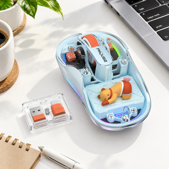 Blue Tri-Mode Wireless Computer Mouse with Swappable Figurines and Clear Magnetic Top
