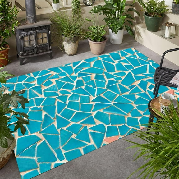 Blue Triangle 3D Print Coastal Beach Theme Indoor Outdoor Rug for Patio Deck Balcony Porch Farmhouse Modern Large Area Rug Bathroom Kitchen Washable Waterproof Non Skid Carpet 2'x3'