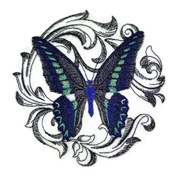 Blue Triangle butterfly with Baroque Embroidered Iron On/Sew patch [5" x5"]
