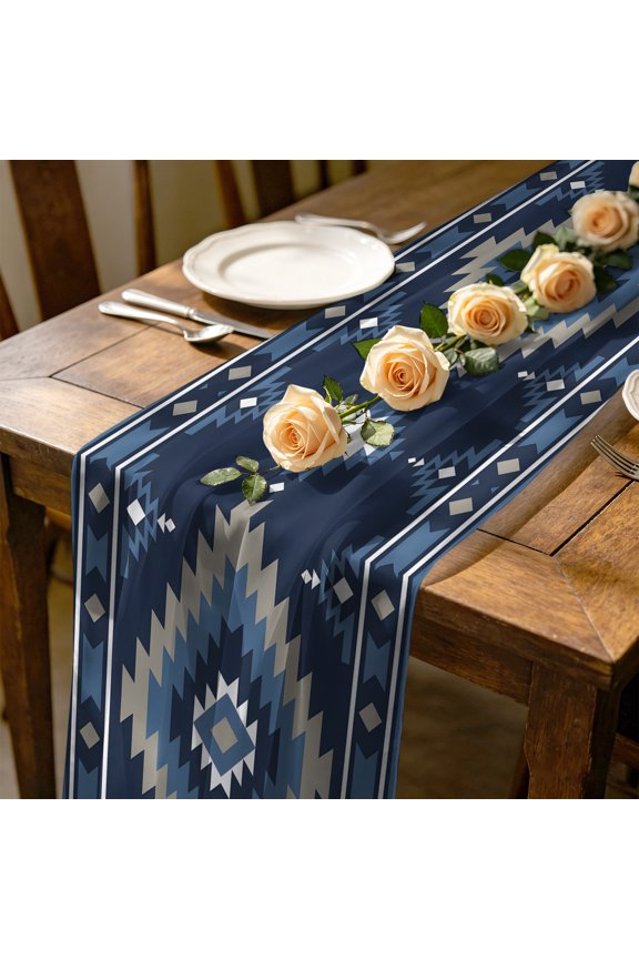 Blue Tribal Geometric 4.5 ft Cheesecloth Table Runner for Wedding 19"x55", Bohemian Vintage Native Abstract Kitchen Dinner Sheer Tulle Chiffon Dresser Scarf, Holiday Party Decorations