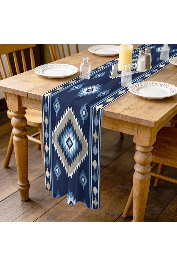 Blue Tribal Geometric 4.5ft Cheesecloth Table Runner for Dining 19"x55", Boho Vintage Native Abstract Kitchen Dinner Sheer Tulle Chiffon Dresser Scarf, Holiday Party Decorations