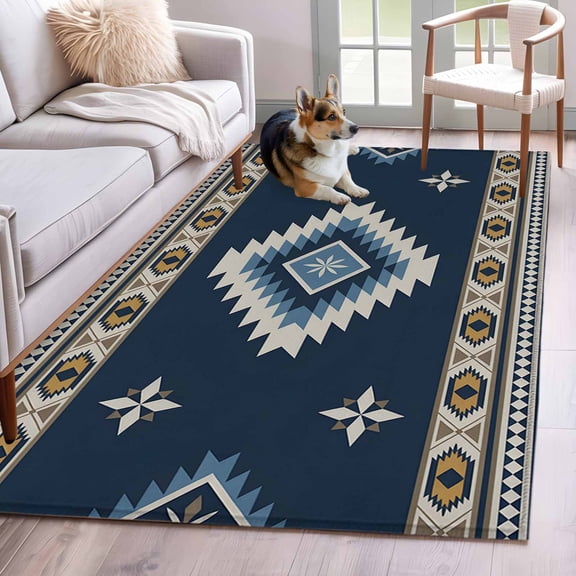 Blue Tribal Geometric Area Rugs 4x6 ft Vintage Boho Native Abstract Washable Rug Non Slip Indoor Carpet Absorbent Floor Mat for Living Room Bedroom Dining Room