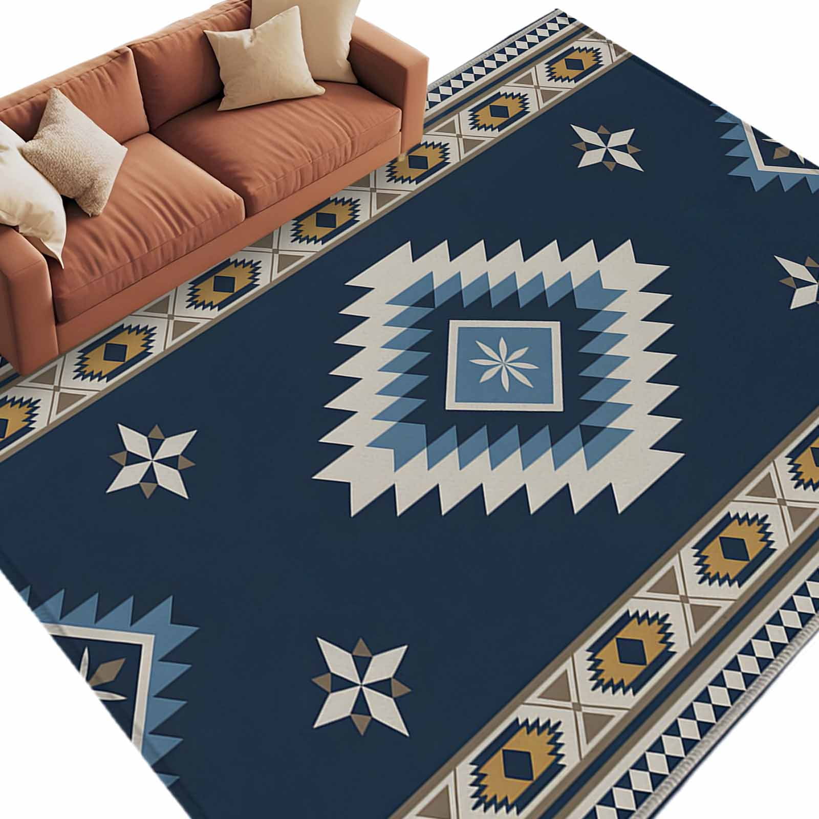 Blue Tribal Geometric Area Rug 5x7ft Vintage Boho Native Abstract Non ...