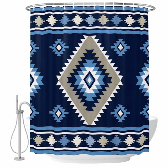 Blue Tribal Geometric Bathroom Shower Curtains with Hooks, Boho Vintage Native Abstract Waterproof Fabric Washable Shower Curtain for Home Hotel Bathtub Decor 60x72 Inch