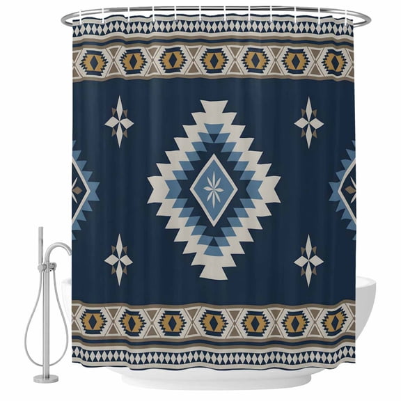 Blue Tribal Geometric Bathroom Shower Curtains with Hooks, Vintage Boho Native Abstract Waterproof Fabric Washable Shower Curtain for Home Hotel Bathtub Decor 72x72 Inch