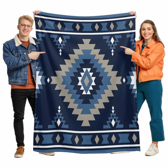 Blue Tribal Geometric Flannel Blanket for Bed,Travel and Camping, Bohemian Vintage Native Abstract Super Soft Cozy Blanket for All Seasons 30"x40"