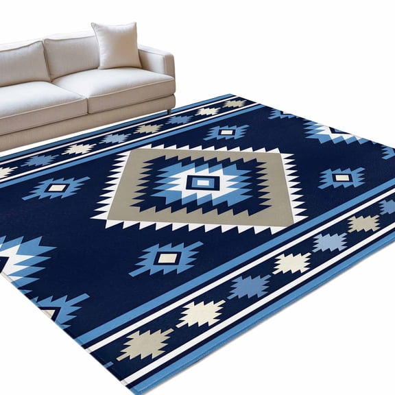 Blue Tribal Geometric Large Area Rugs 6x9ft Boho Vintage Native Abstract Washable Rug, Non Slip Indoor Carpet Absorbent Floor Mat for Living Room Bedroom Dining Room