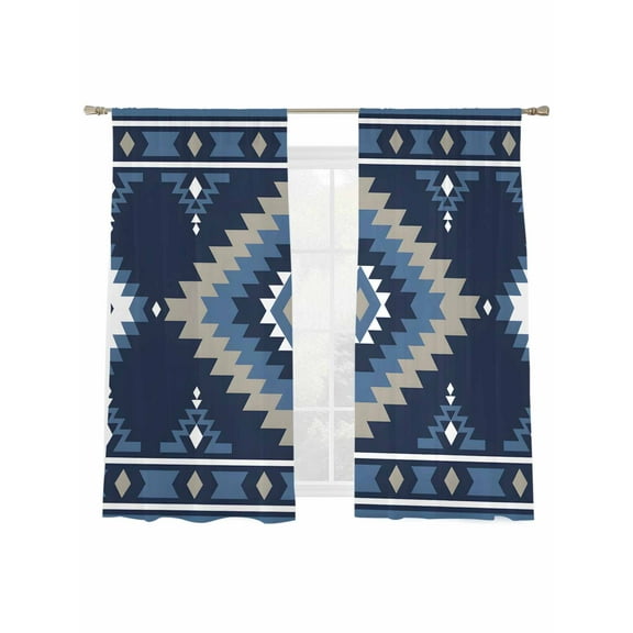 Blue Tribal Geometric Sheer Curtains 63 inches Long, Bohemian Vintage Native Abstract Light Filtering Sheer Window Curtains Rod Pocket Voile Drapes for Bedroom Living Room, 2 Panels 52"W x 63"L