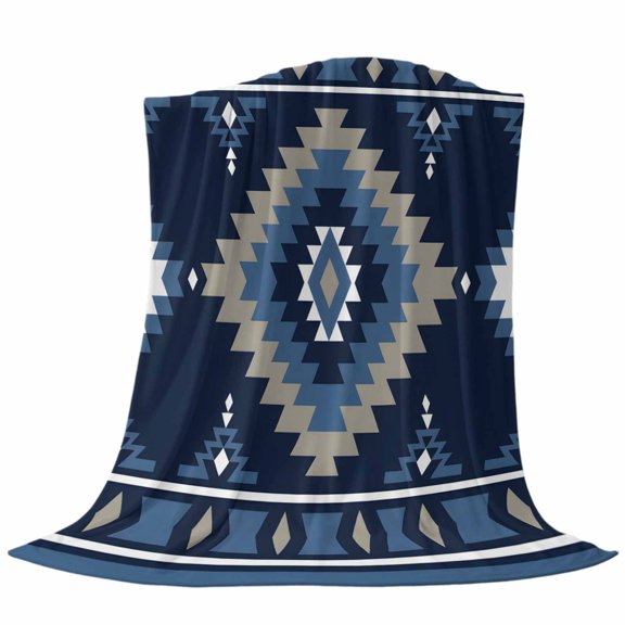 Blue Tribal Geometric Throw Flannel Blanket Bohemian Vintage Native Abstract Super Soft Cozy Bed Blanket, Lightweight Plush Fuzzy Bed Throw for Bedroom Sofa Couch Living Room 30x40In,