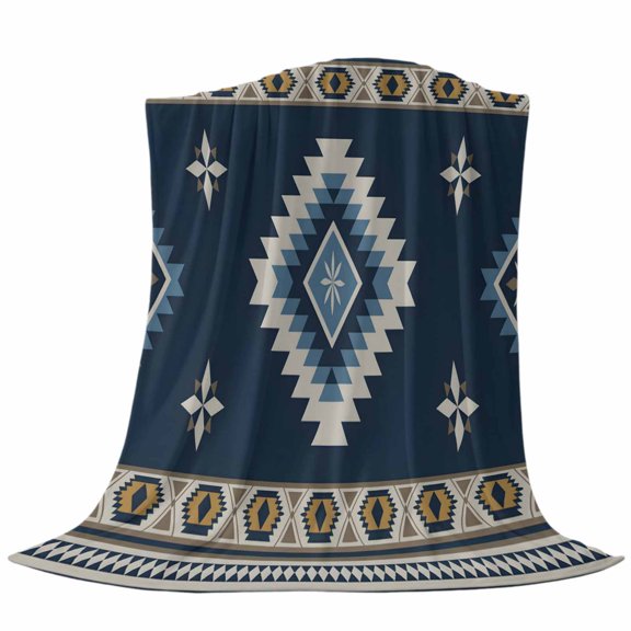 Blue Tribal Geometric Throw Flannel Blanket Vintage Boho Native Abstract Super Soft Cozy Bed Blanket, Lightweight Plush Fuzzy Bed Throw for Bedroom Sofa Couch Living Room 30x40In,