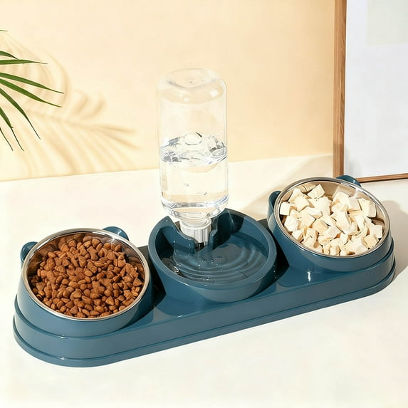 Blue Triple Cat Food Bowls 15° Tilted, Anti Vomit Feeder Set 1 Pack 16 Inch, Automatic Water Dispenser, Neck Protection Platform, Puppy Rabbit Dish, Dry Wet Food Organizer, Orthopedic
