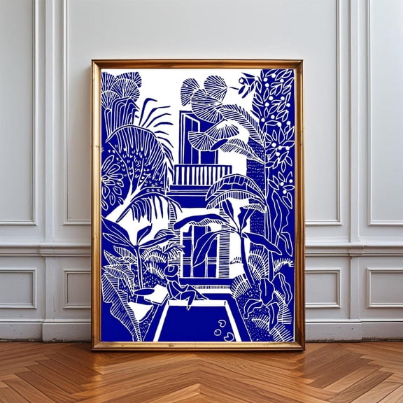 Blue Tropical Courtyard Botanical Poster Unframed Paper Print