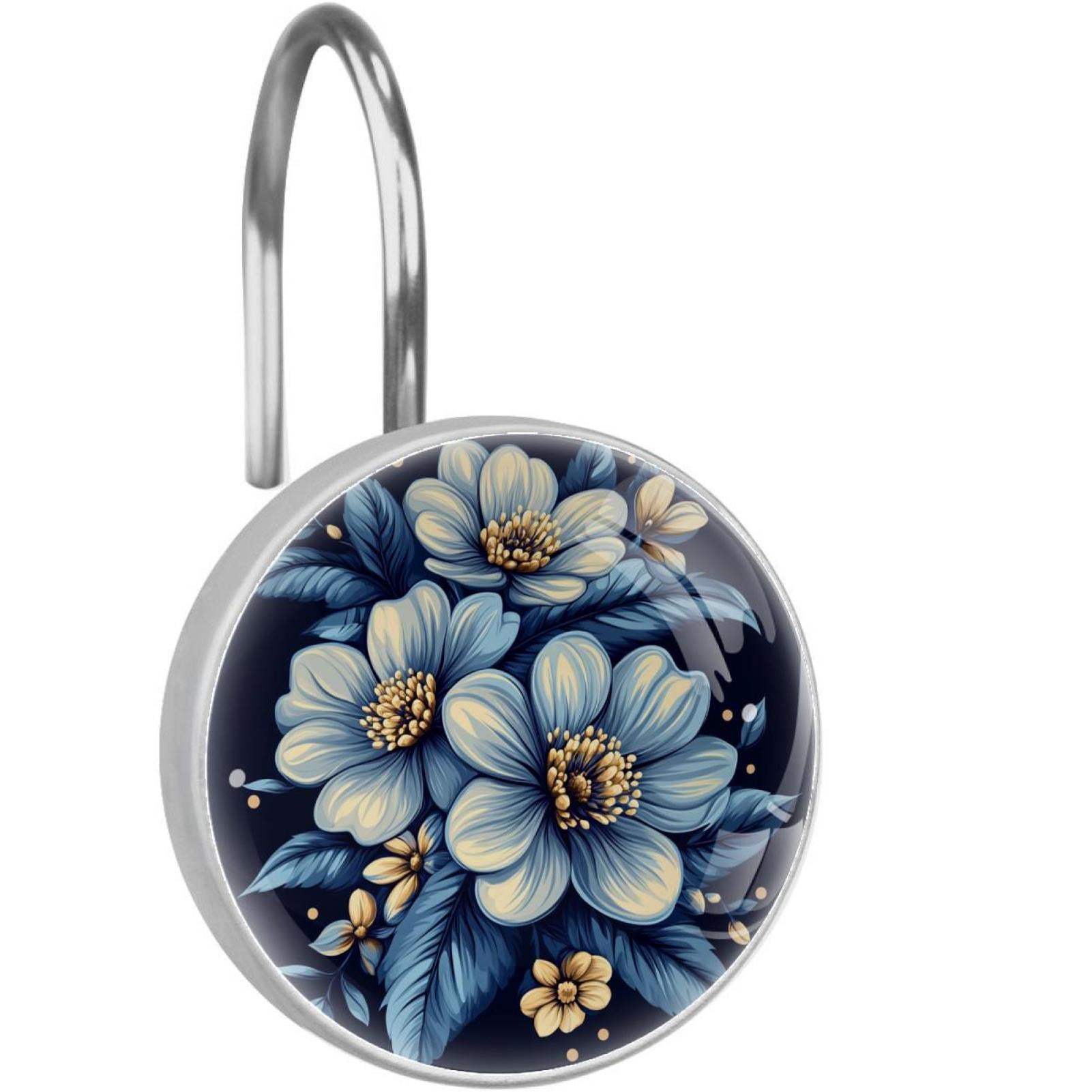 Blue Tropical Flower Shower Curtain Hooks Round Crystal Glass, Set of 12 Shower Curtain Rings - Shower Hooks for Curtain Shower Rings