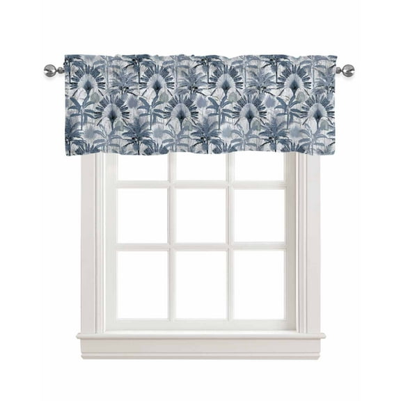 Blue Tropical Leaf Linen Curtain Valance for Bedroom/Bathroom/Kitchen/Office/Living/Dining Room Windows, Summer Palm Tree Leaves Beach Ocean Pocket Topper Drapes Decorative Cafe Drapery Panel 42"x18"