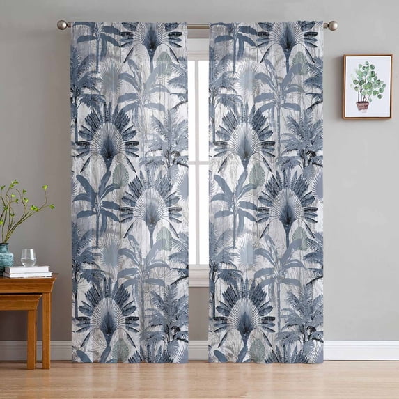 Blue Tropical Leaves Sheer Curtains 84 Inches Long 2 Panels Set, Window Sheer Curtains for Living Room/Bedroom, Summer Palm Trees Botanical Light Filtering Rod Pocket Curtain 52'' x 84'' x 2
