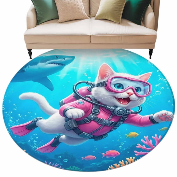 Blue Tropical Ocean Round Rug 8ft Washable Circle Rugs Non Slip Fantasy Diving Cat Coastal Shark Coral Large Area Rug Indoor Carpet for Bedroom Kitchen Living Room Home Office Dining Room Nursery