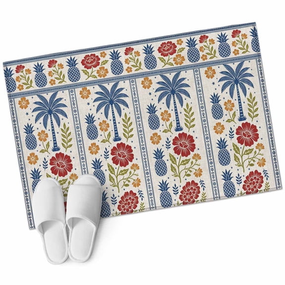 Blue Tropical Plant Bathroom Rug Washable 2x3 Entryway Rug Non Slip Palm Tree Pineapples Flowers Ethnic Front Door Mat Low Pile Indoor Doormat Throw Floor Carpet for Kitchen Bedroom Entrance