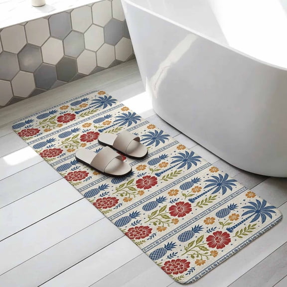 Blue Tropical Plant Bathroom Runner Rugs Non Slip Washable Absorbent Narrow Long Bath Mat Palm Tree Pineapples Flowers Ethnic Runner Rugs for Kitchen Hallway Bedroom Laundry Study Room 15.7"x47.2"