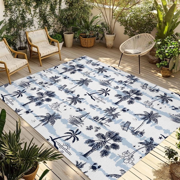 Blue Tropical Plant Outdoor Rug for Patio/Deck/Porch, Non-Slip Large Area Rug 5 x 7 Ft, Summer Coconut Trees Coastal Nautical Indoor Outdoor Rugs Washable Area Rugs, Camping Rug Carpet Runner