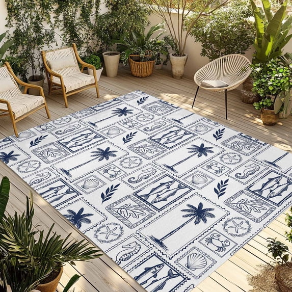 Blue Tropical Plant Outdoor Rug for Patio/Deck/Porch, Non-Slip Large Area Rug 5 x 7 Ft, Summer Palm Trees Coastal Starfish Indoor Outdoor Rugs Washable Area Rugs, Reversible Camping Rug Carpet Runner