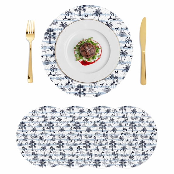 Blue Tropical Plant Round 13 Inch Placemats Set of 4, Summer Coconut Trees Coastal Nautical HeatResistant Non Slip Place Mats for Dining Table, Wipeable Braided Kitchen Table Mats for Housewarming