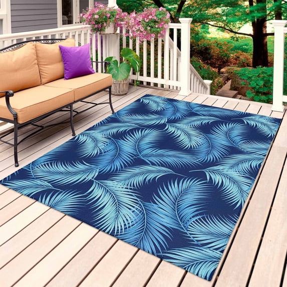 Blue Tropical Plants Outdoor Rug for Patio/Deck/Porch, Non-Slip Large Area Rug 3 x 5 Ft, Summer Monstera Palm Leaf Indoor Outdoor Rugs Washable Area Rugs, Reversible Camping Rug Carpet Runner