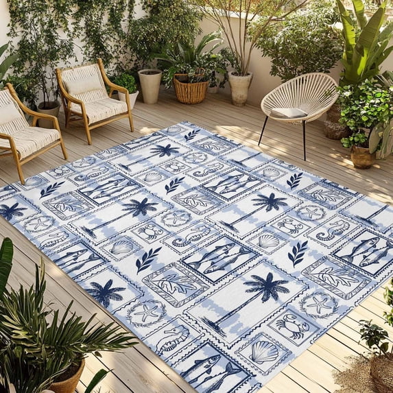Blue Tropical Plants Outdoor Rug for Patio/Deck/Porch, Non-Slip Large Area Rug 4 x 6 Ft, Summer Coastal Beach Palm Tree Plaid Indoor Outdoor Rugs Washable Area Rugs, Camping Rug Carpet Runner