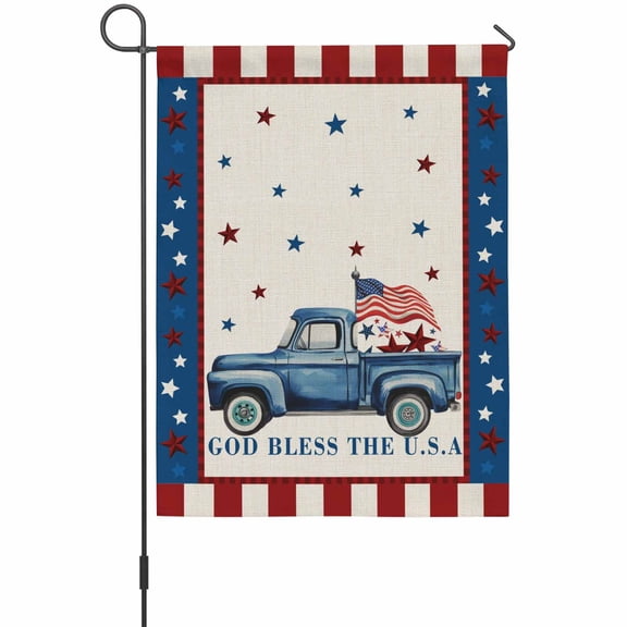 Blue Truck American Flag House Flags For Outdoor, Independence Day Red Blue Star Small Double Side Yard Flags Weather Proof House Decor for Lawn Outside Holiday 28 x 40 Inches