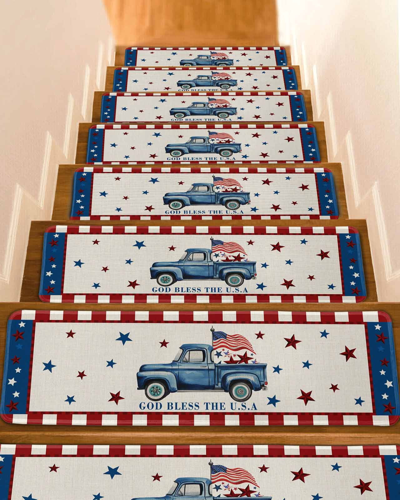 Blue Truck American Flag Non-Slip Stair Treads for Wooden Steps, 10 ...