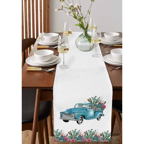 Blue Truck with Cactus Table Runner 13x72in Non-Slip Cotton Linen Table Runners, Tropical Plant Flower Dresser Scarves TableRunner for Dinner Kitchen Dining Wedding Party