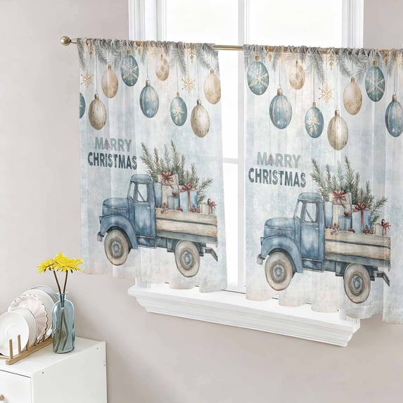 Blue Truck Christmas Sheer Curtains 45 Inch Length 2 Panels Set, Xmas Balls Snowflake Vintage Voile Window Treatment Rod Pocket Small Kitchen Curtains Drapes for Bedroom 52"x45"x2