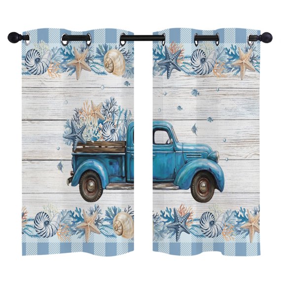 Blue Truck Coastal Blackout Curtains 39 Inches Long, Summer Starfish Beach Coral Shell Wood Grain Thermal Insulated Room Darkening Drapes with Grommets for Living Room 27.5"W x 39"L, 2 Panels