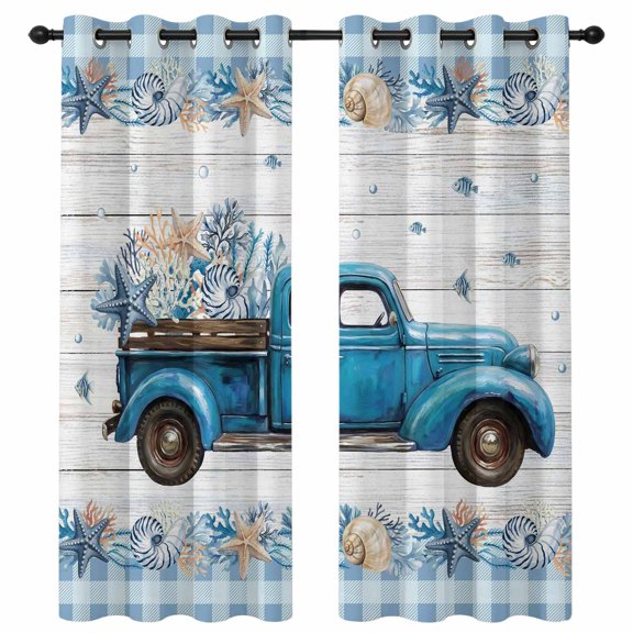 Blue Truck Coastal Blackout Curtains 84 Inches Long, Summer Starfish Beach Coral Shell Wood Grain Thermal Insulated Room Darkening Drapes with Grommets for Living Room 42"W x 84"L, 2 Panels