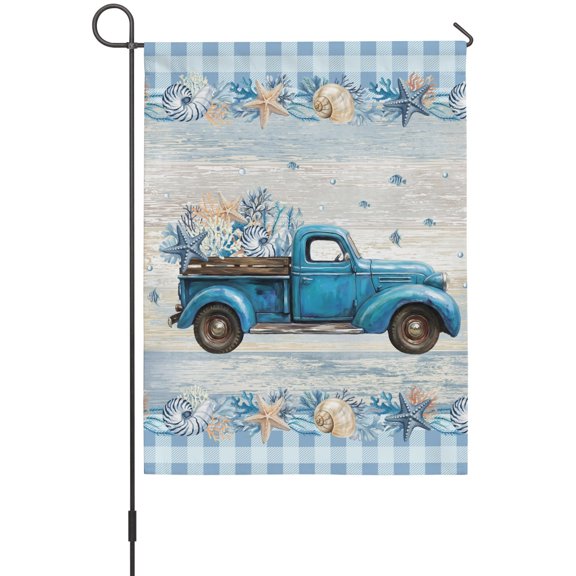 Blue Truck Coastal House Flags For Outdoor, Summer Starfish Beach Coral Shell Vintage Small Double Side Yard Flags Weather Proof House Decor for Lawn Outside Holiday 28 x 40 Inches