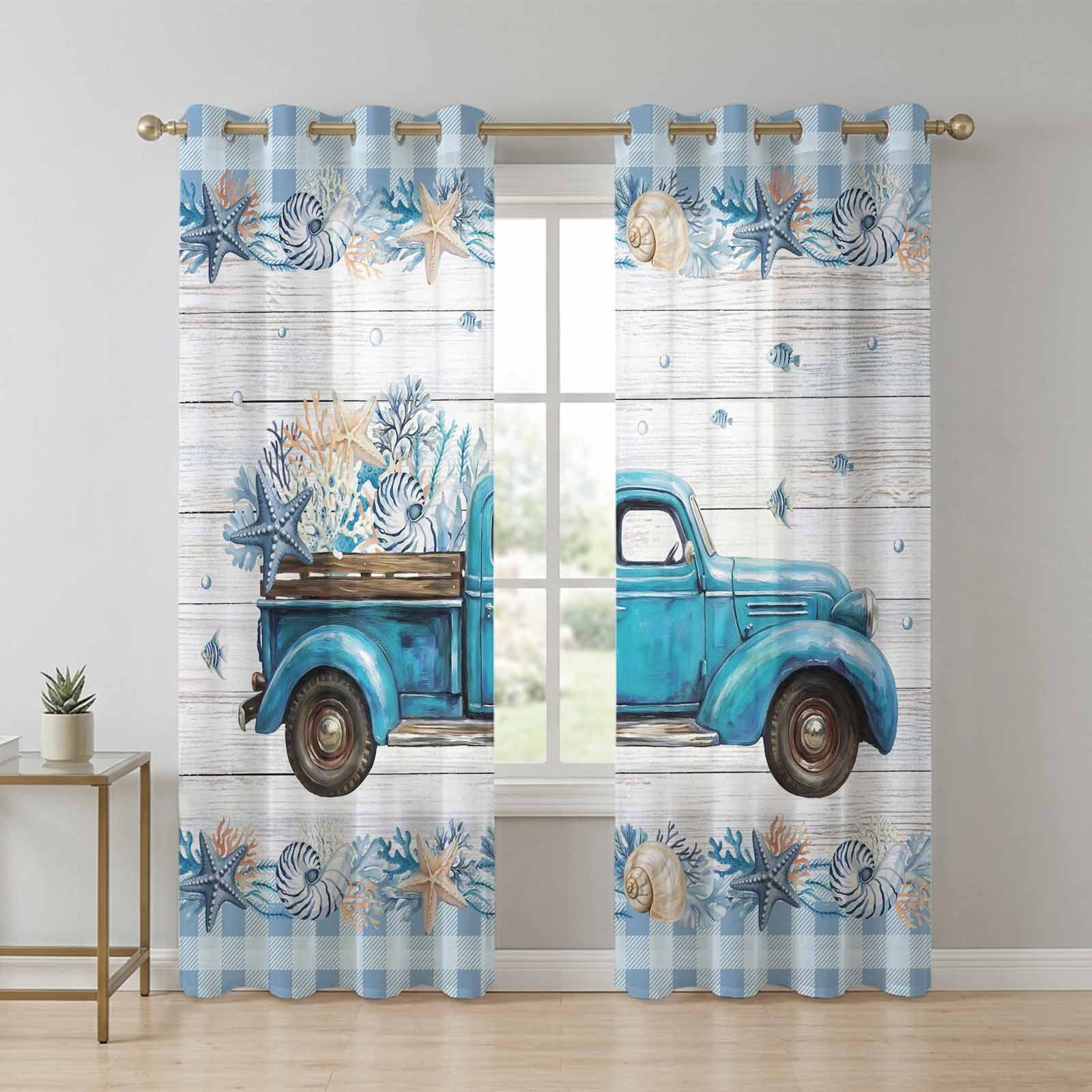 Picture of Blue Truck Coastal Sheer Curtains 96 Inch Long 2 Panels, Summer ...