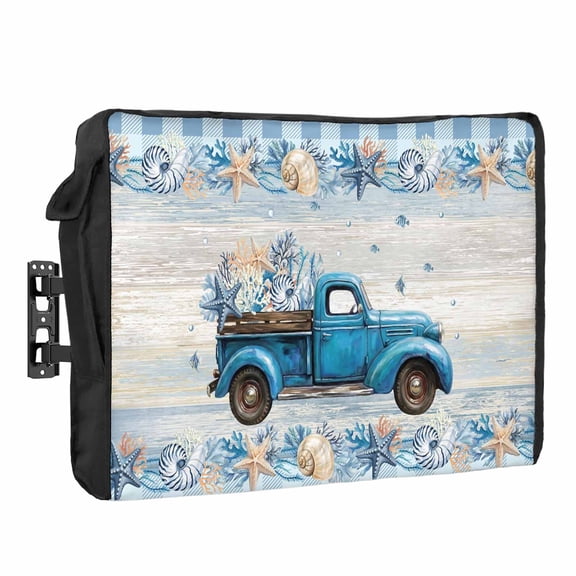 Blue Truck Coastal Waterproof Outdoor TV Cover, Summer Starfish Beach Coral Shell Vintage Outside Weatherproof TV Enclosures for 80 to 85 Inch LCD Television Shield Flat Screen Protectors