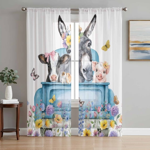 Blue Truck Cow Sheer Curtains 84 Inch Length 2 Panels for Living Room, Animals Spring Floral Butterfly Farmhouse Voile Kitchen Curtain Set, Luxury Privacy Drapes Window Treatment for Bedroom