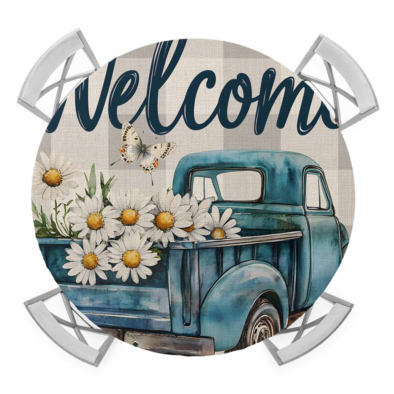 Blue Truck Daisy Butterfly Elastic Fitted Round Table Cover Grey Check ...