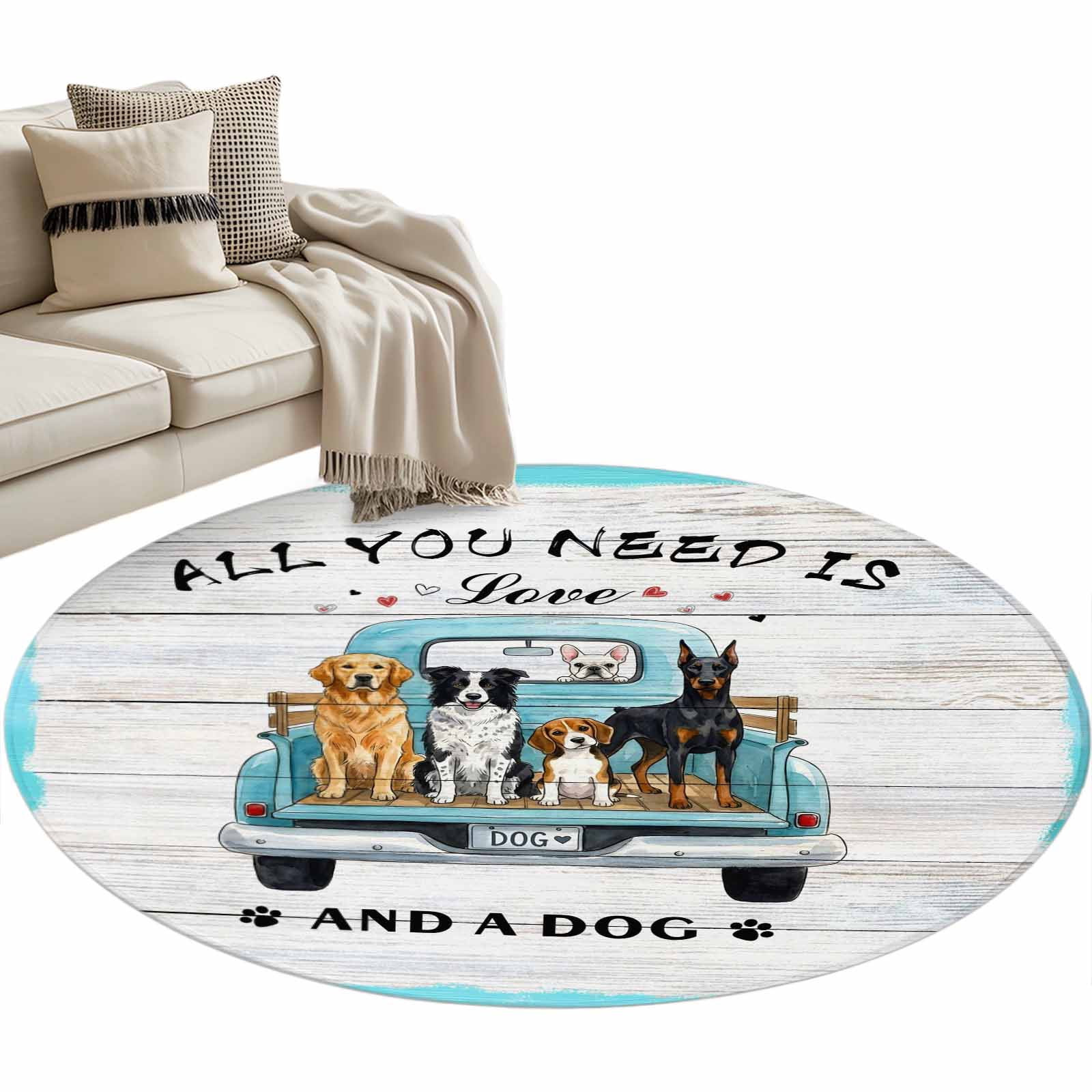 Blue Truck Dog Round Rug 3ft Washable Circle Entryway Rugs Non Slip ...