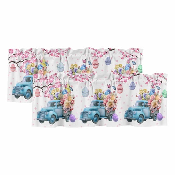 Blue Truck Easter Curtain Valances for Windows, Kitchen Valance Window Treatments Panel 2 Pack, Pink Spring Floral Eggs Botanical Rod Pocket Short Curtains for Bathroom Bedroom 42 x 12 Inch