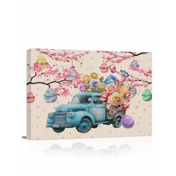 Blue Truck Easter Wall Art for Living Room,Canvas Picture Wall Decor for Bathroom Bedroom,Pink Spring Floral Eggs Botanical Rustic Painting Artwork for Office Hallway Dining Room Decor 12"x16"