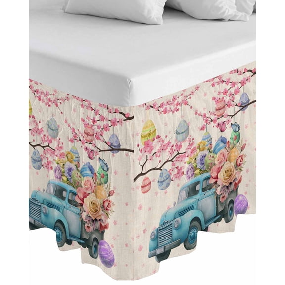 Blue Truck Easter Wrap Around Bed Skirts for King Bed 16" Drop,Bed Skirt with Adjustable Elastic Belt Dust Ruffle Bed Valance for Bedroom Pink Spring Floral Eggs Botanical Rustic Bed Frame Cover