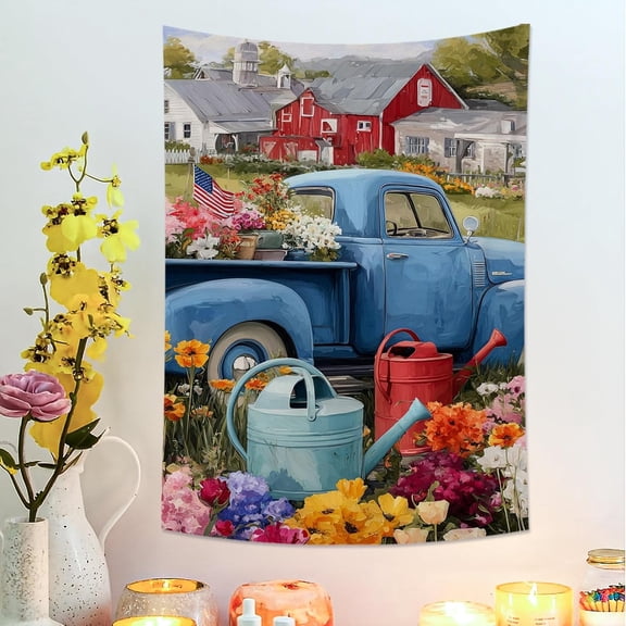 Blue Truck Floral Tapestry, Spring Garden Decor Wall Hanging, Rustic Aesthetic for Living Room, Bedroom, Dorm, Vibrant Home Decoration 30x40 Inch