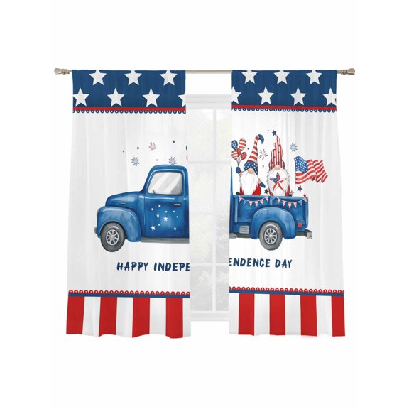 Blue Truck Sheer Curtains 2 Panels Set Happy Independence Day U.S. Flag Gnome Star Sheer Window Curtains Light Filtering Rod Pocket Voile Drapes for Bedroom Living Room 52"x63"