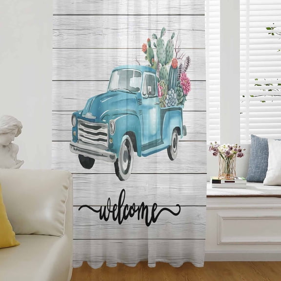 Blue Truck Sheer Curtains 45 Inches Long for Living Room/Bedroom, Sunmmer Car Tropical Plants Cactus Wooden Rod Pocket Voile Kitchen Curtains & Drapes Window Treatment 1 Panel, 52"W x 45"L