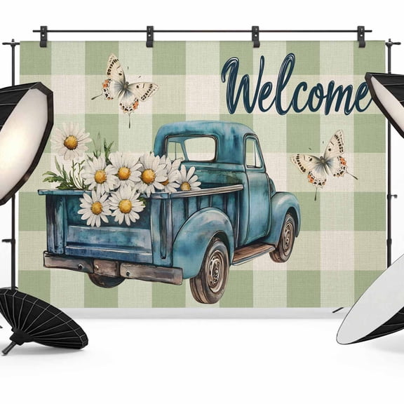 Blue Truck Spring Floral Backdrop for Photoshoot,Photography Photo Studio Background Wall Backdrop,Sage Green Plaid Butterflies Back Drop Banner Panel for Portraits Wedding Party Live Streaming 7x5Ft