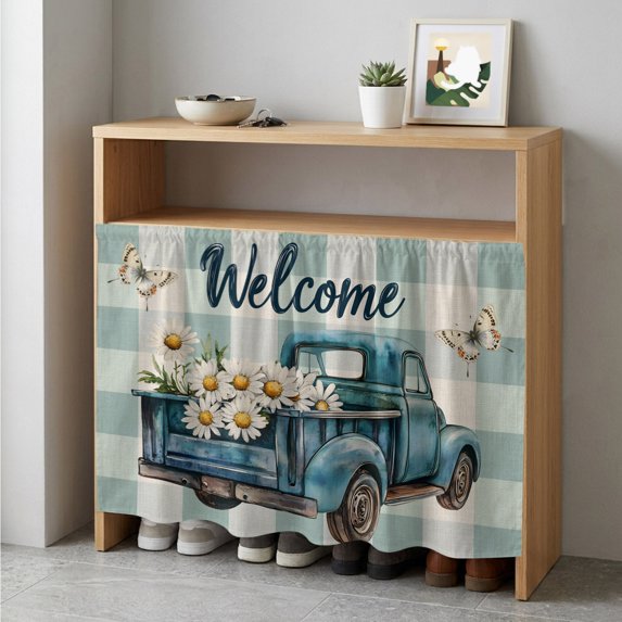 Blue Truck Spring Floral Cabinet Curtain 35"Wx35"L,Dustproof Under Sink Skirt W/ Self Adhesive Tape,Teal Plaid Butterflies Vintage Cabinet Curtain Cover for Kitchen Sink,Bathroom Vanity,Laundry Room